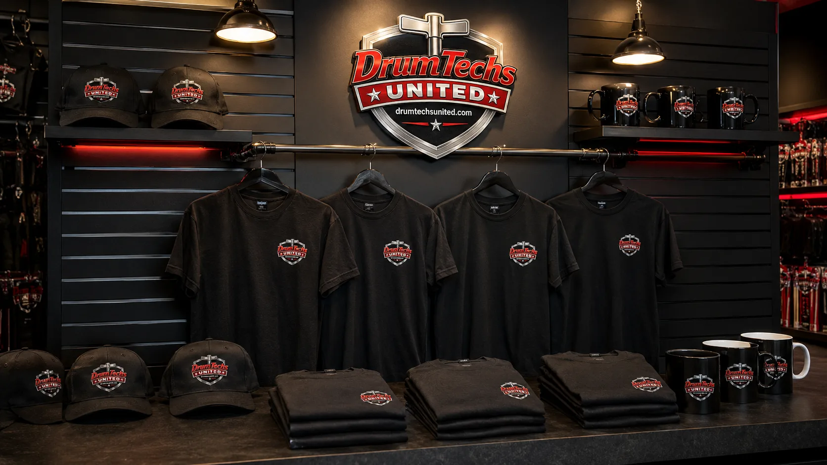 Drum Techs United merch — tees, hats, and mugs
